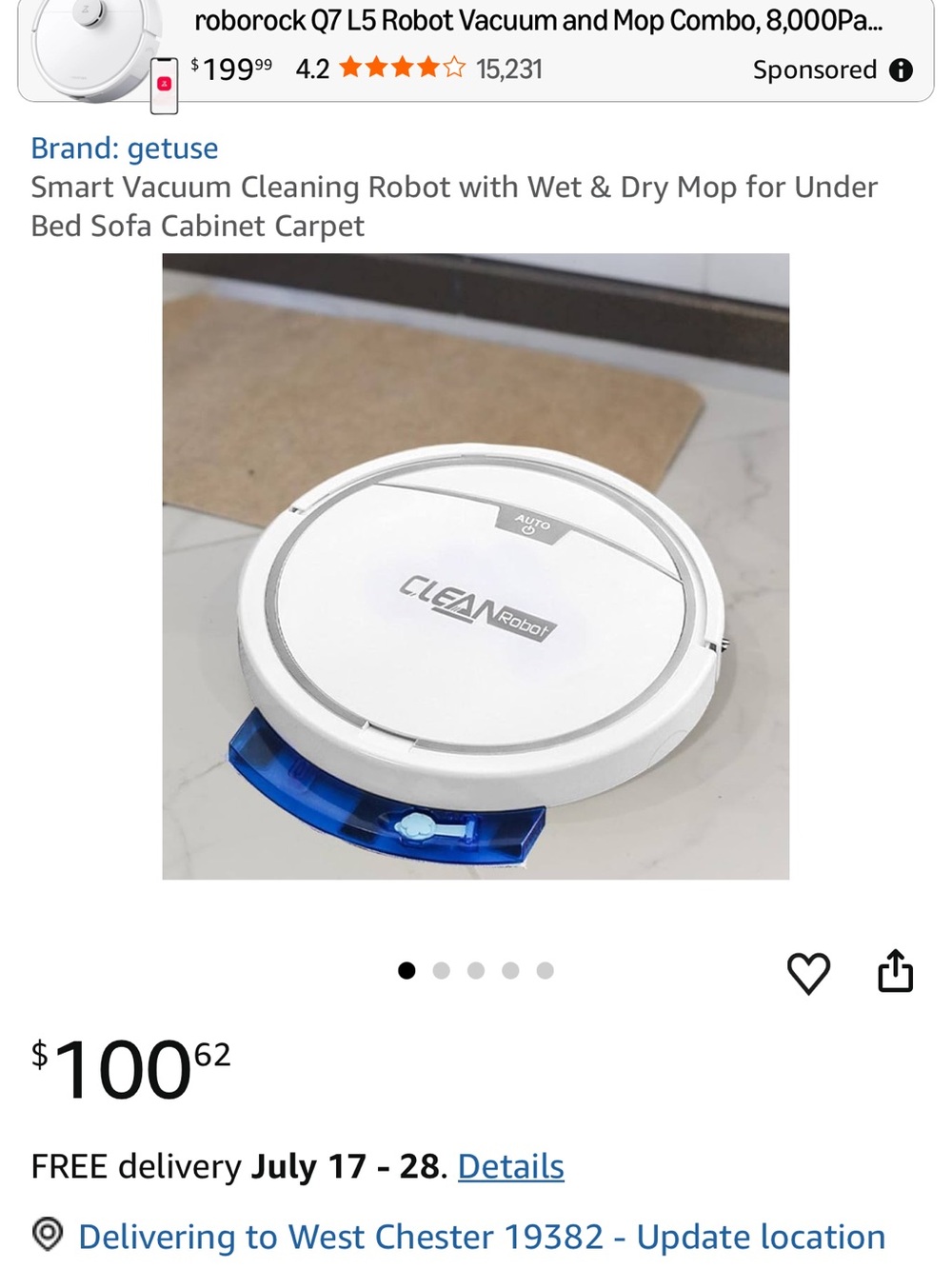CLEAN Robot Robotic Vacuum with Blue Water Tank NIB